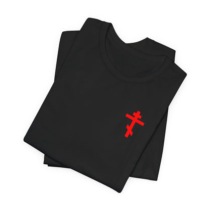 Showcasing the Idoloclast Idol Smasher Hammer t-shirt—a lightweight black cotton unisex tee featuring a bold red cross on the front left breast—ideal for those seeking a subtle symbol of faith and inspiration for daily conversation with God.