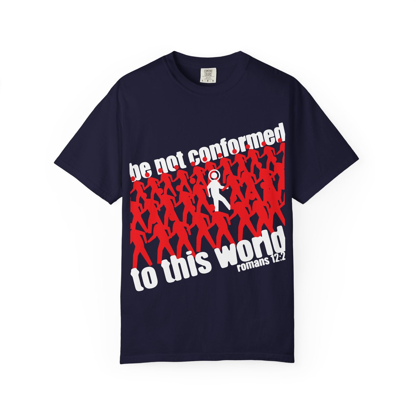 This True Navy “Be Not Conformed to This World (Romans 12:2) | Reject the Modern World” Orthodox Christian heavyweight cotton unisex tee features striking red silhouettes and a single white figure, along with the text “be not conformed to this world – Romans 12:2,” serving as a powerful reminder of mind renewal and embracing rational worship as taught in Romans 12:1-2.