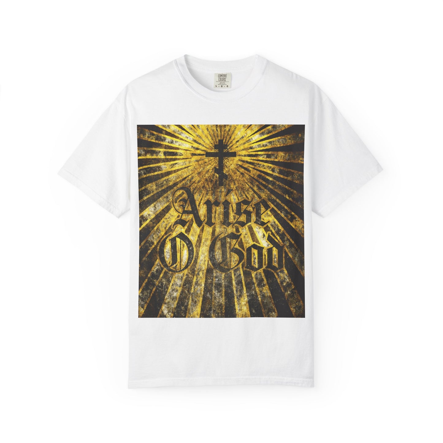 Arise O God | Psalm 81 (82 LXX) | Textured Gothic Font w/ Orthodox Cross & Golden Rays | Divine Council | Heavyweight Cotton Unisex T-Shirt