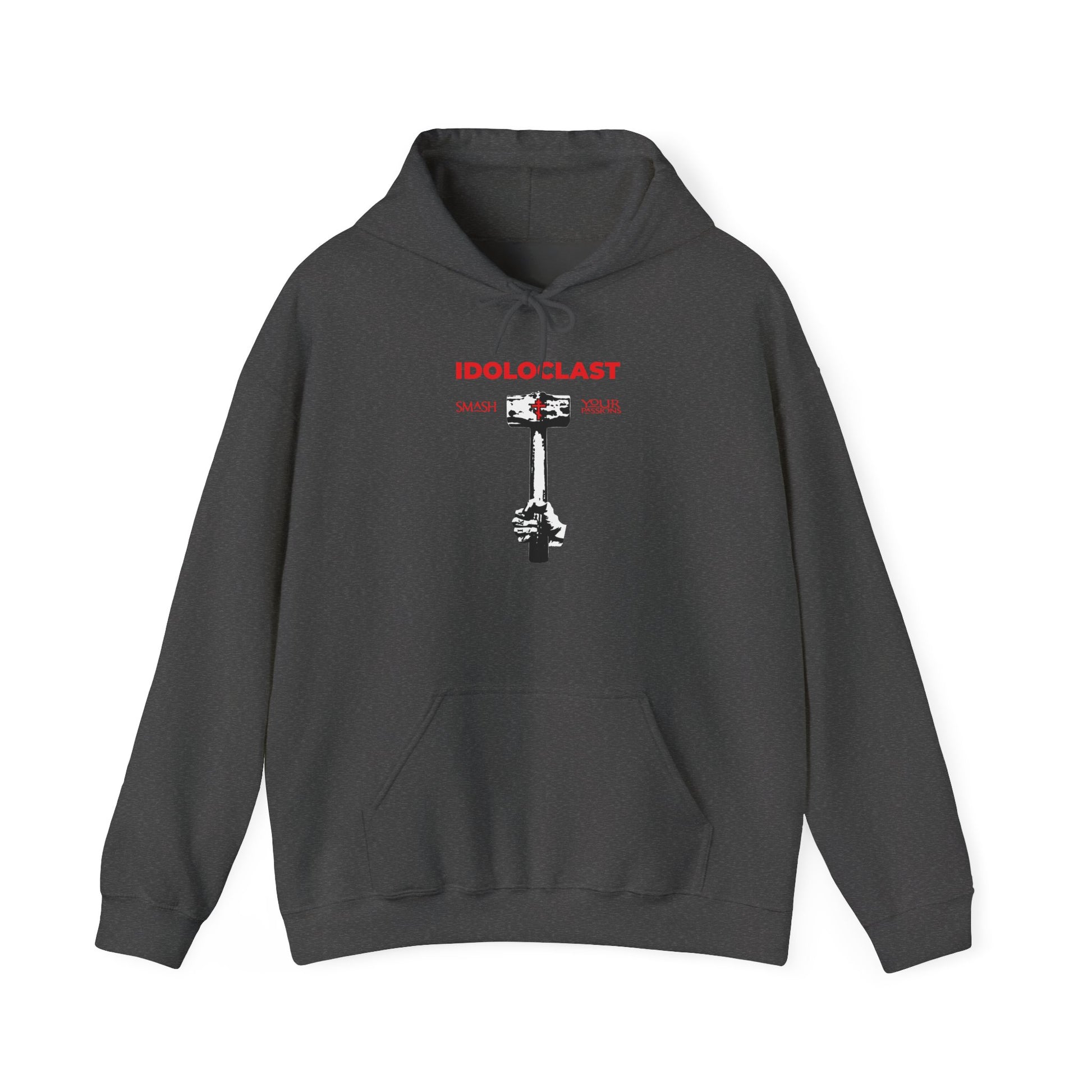 Dark Heather “Idoloclast Idol-Smasher” hoodie featuring a striking graphic of Jesus’s fist wielding a sledgehammer and the phrase “Smash Your Passions,” with bold red text reading “IDOLOCLAST” above the image—an ascetic statement inspired by Orthodox Christian tradition and the spirit of resistance embodied by figures like St. Macarius of Optina. ICXC NIKA detail completes this Christian Orthodox piece.