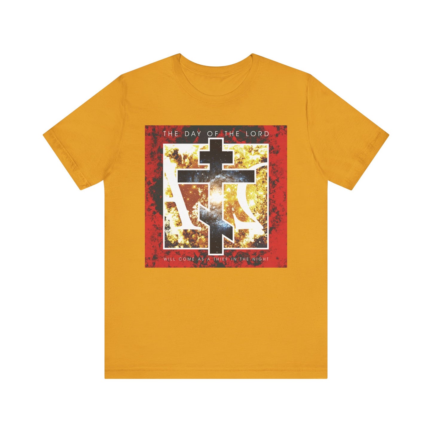 Mustard The Day of the Lord Will Come as Thief in the Night tee, featuring the Cosmic Alpha & Omega Cross graphic and 1 Thessalonians-inspired design, created to inspire hope and remind us that we are children of light.