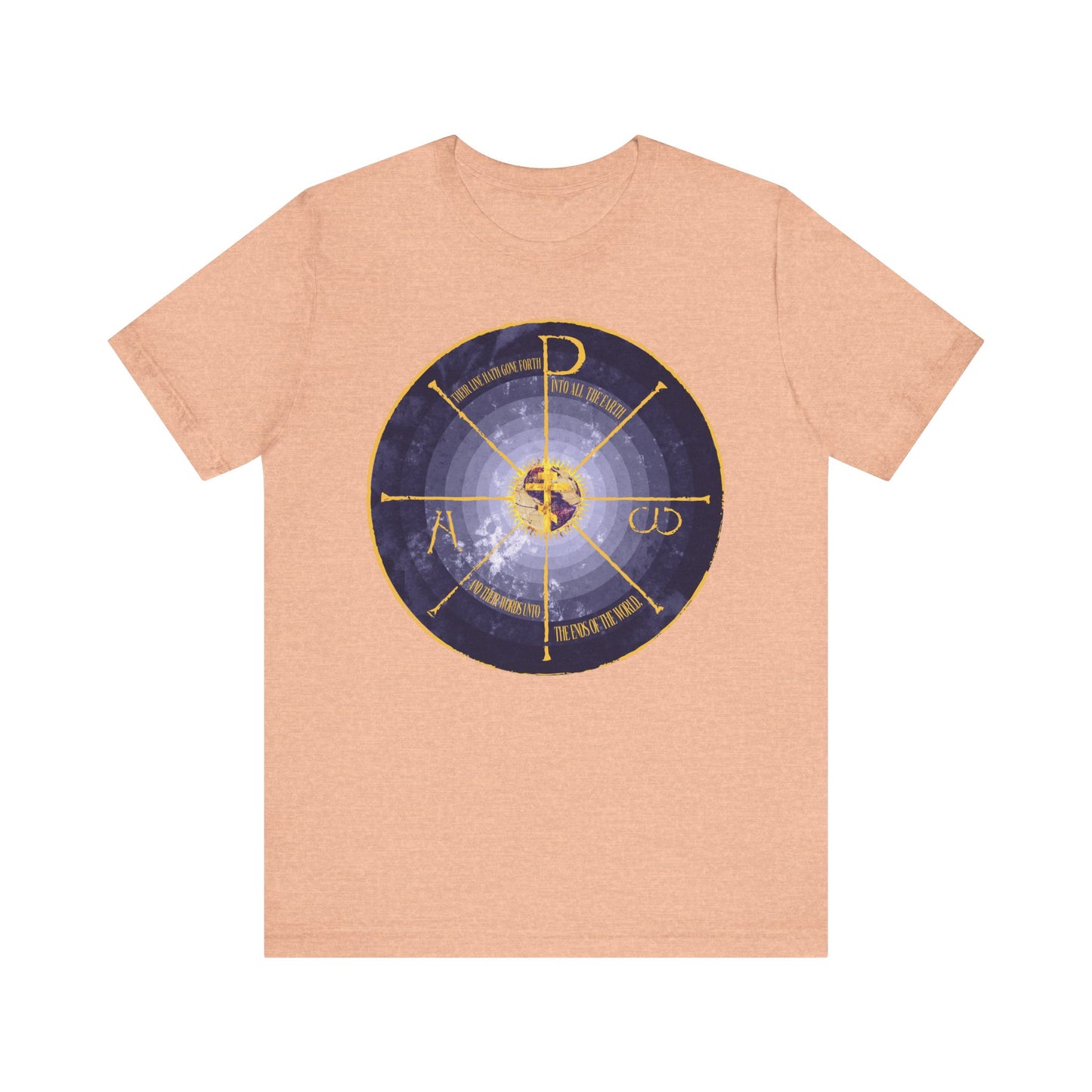 Heather Peach lightweight unisex tee featuring a medieval-style Geocentric Cross & Chi Rho graphic, Alpha & Omega, and blue and yellow accents—Orthodox Christian design in soft cotton.