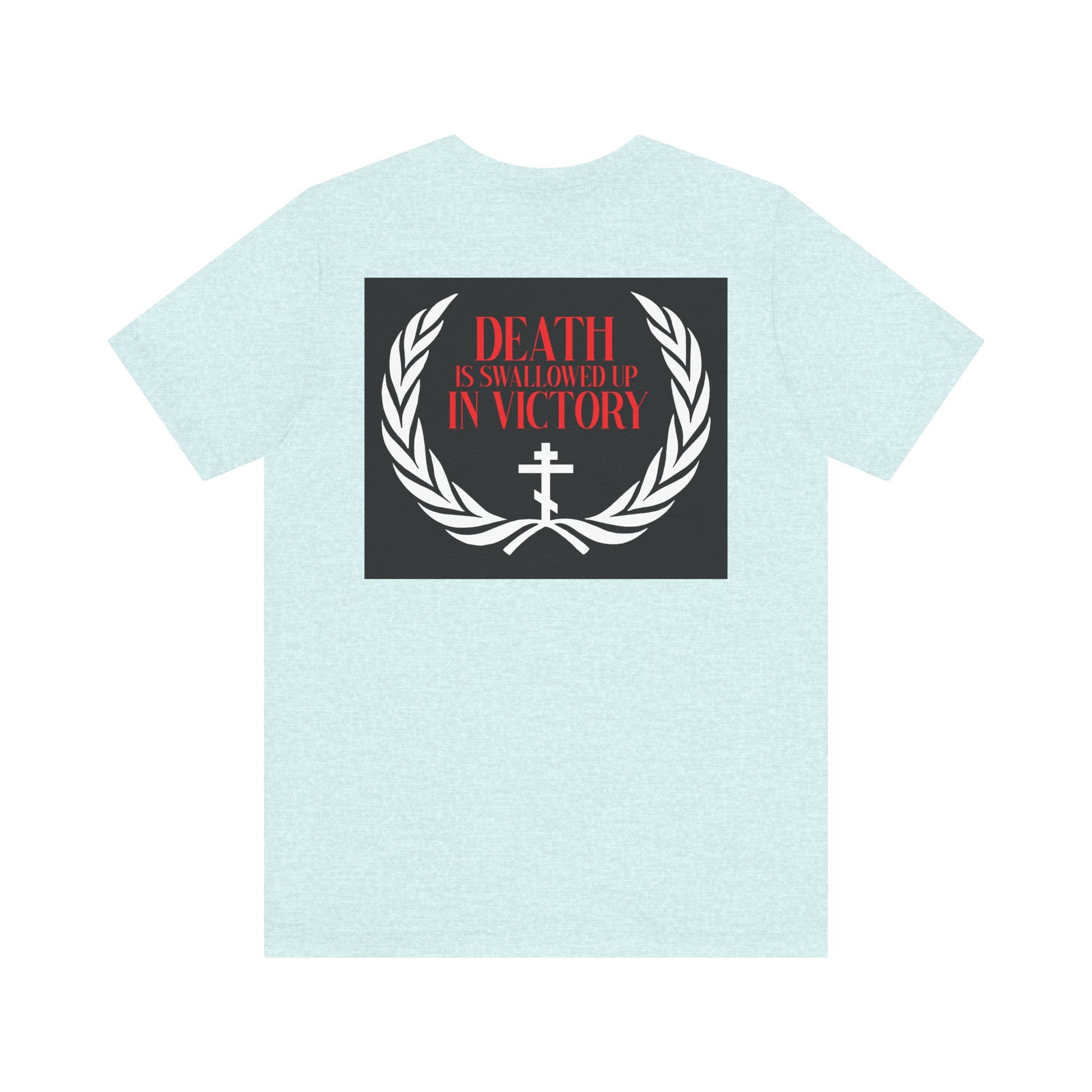 The Archangel Michael of the Apocalypse Iconographic / Death is Swallowed Up In Victory double-sided lightweight cotton unisex t-shirt features a laurel wreath, cross, and the phrase "Death is swallowed up in victory.