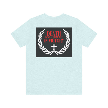 The Archangel Michael of the Apocalypse Iconographic / Death is Swallowed Up In Victory double-sided lightweight cotton unisex t-shirt features a laurel wreath, cross, and the phrase "Death is swallowed up in victory.