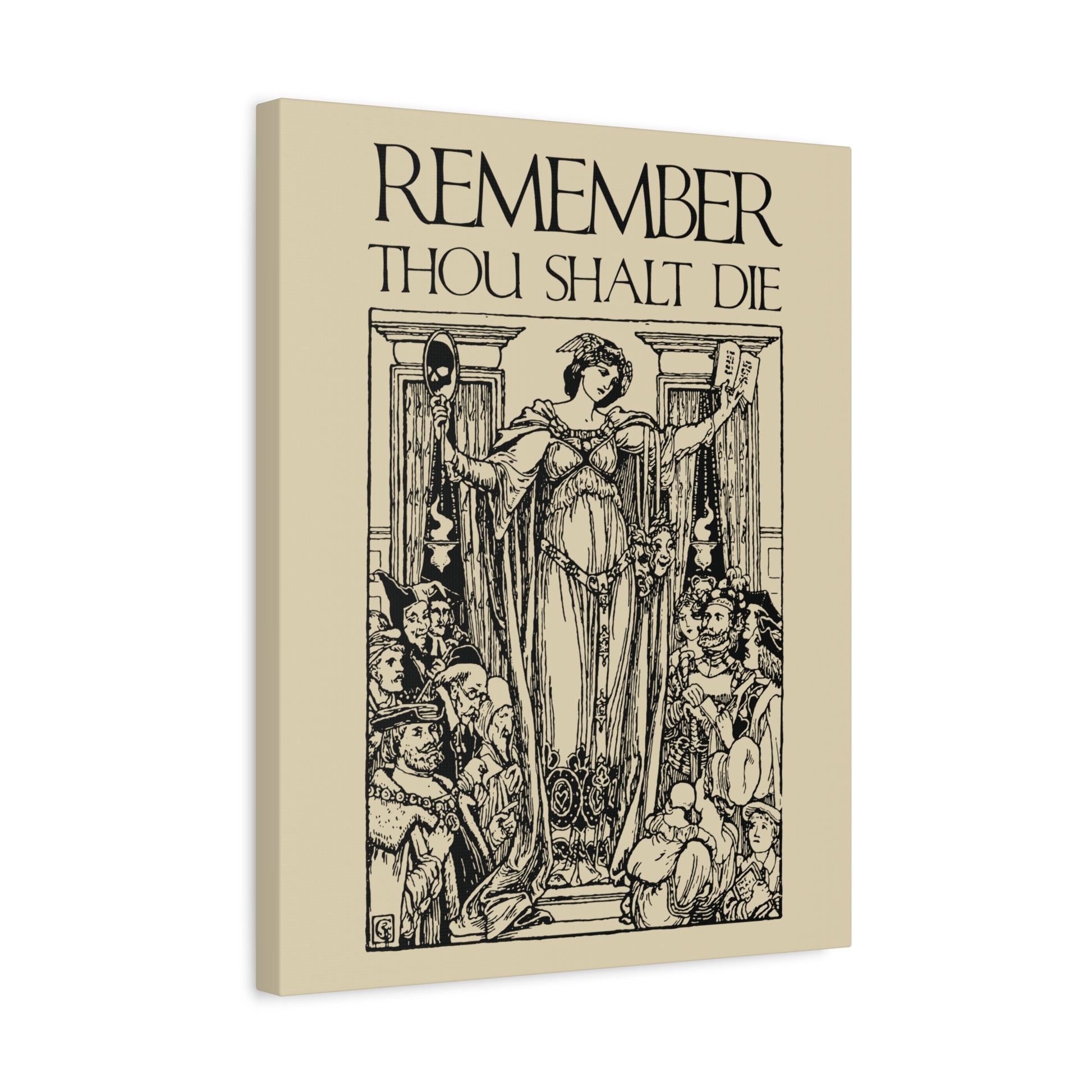 Art inspired by St. Ephraim: "Remember You Will Die" Shakespearean design—memento mori Christian wall art featuring classic woodcut illustration aesthetic.