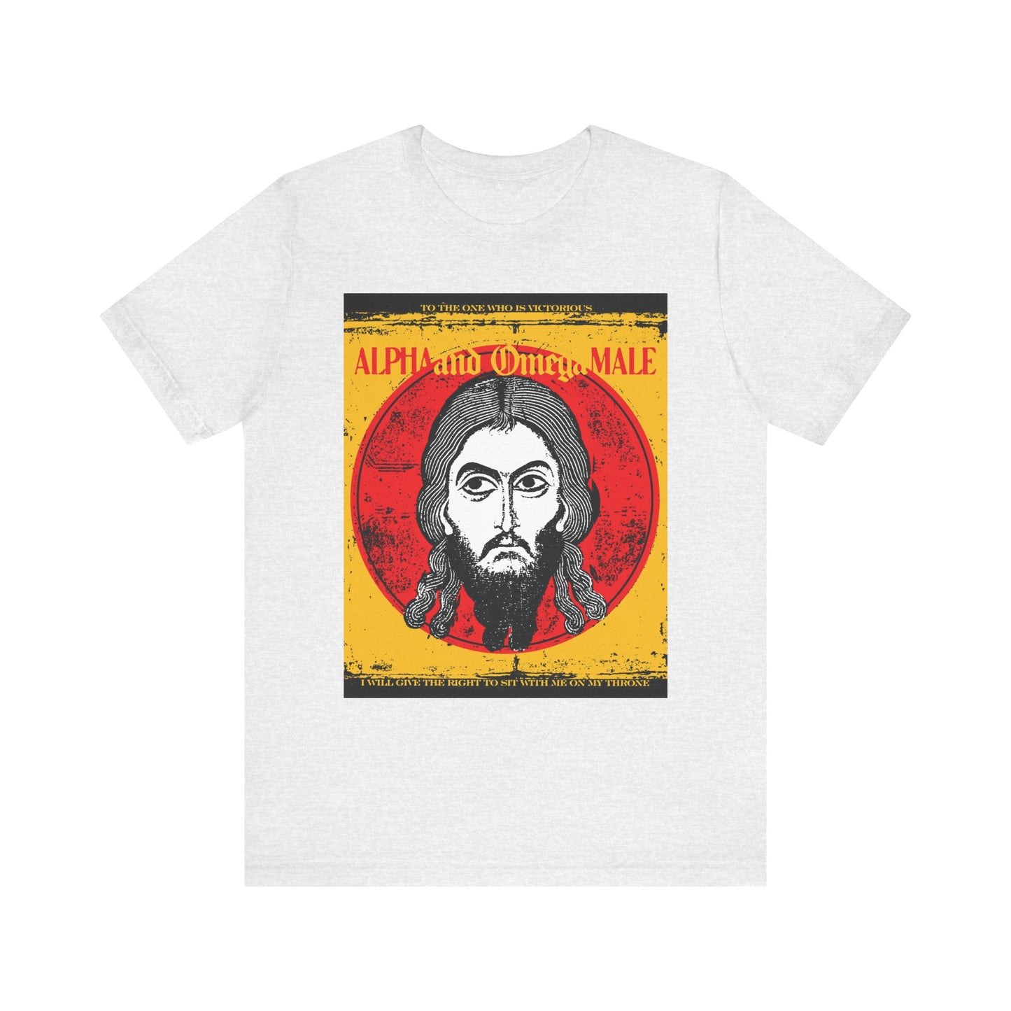 Ash-colored unisex tee featuring the Jesus Christ Image of Edessa IkonoGraphic and “Alpha & Omega Male” text—a bold nod to Orthodox faith and resurrection, from the "To the One Who Is Victorious" collection.