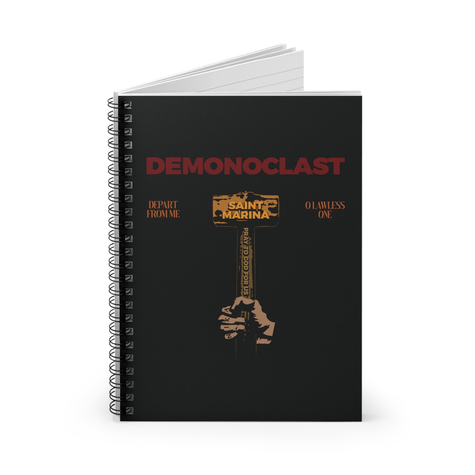 The Demonoclast | St. Marina's Hammer Orthodox Spiral Notebook features a hand holding the Saint Marina-labeled sledgehammer, inspired by the Life of the Great Martyr Marina—perfect for Christian Unseen Warfare and Martyrdom themes.