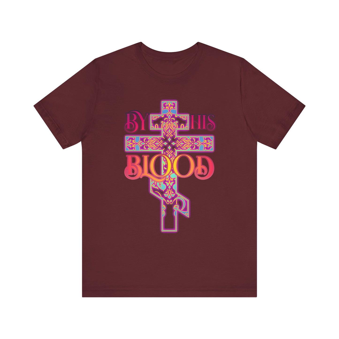 Maroon By His Blood tee with a glowing ornate Orthodox cross in an 80s color scheme—Christian unisex lightweight cotton shirt celebrating eternal redemption and atonement.