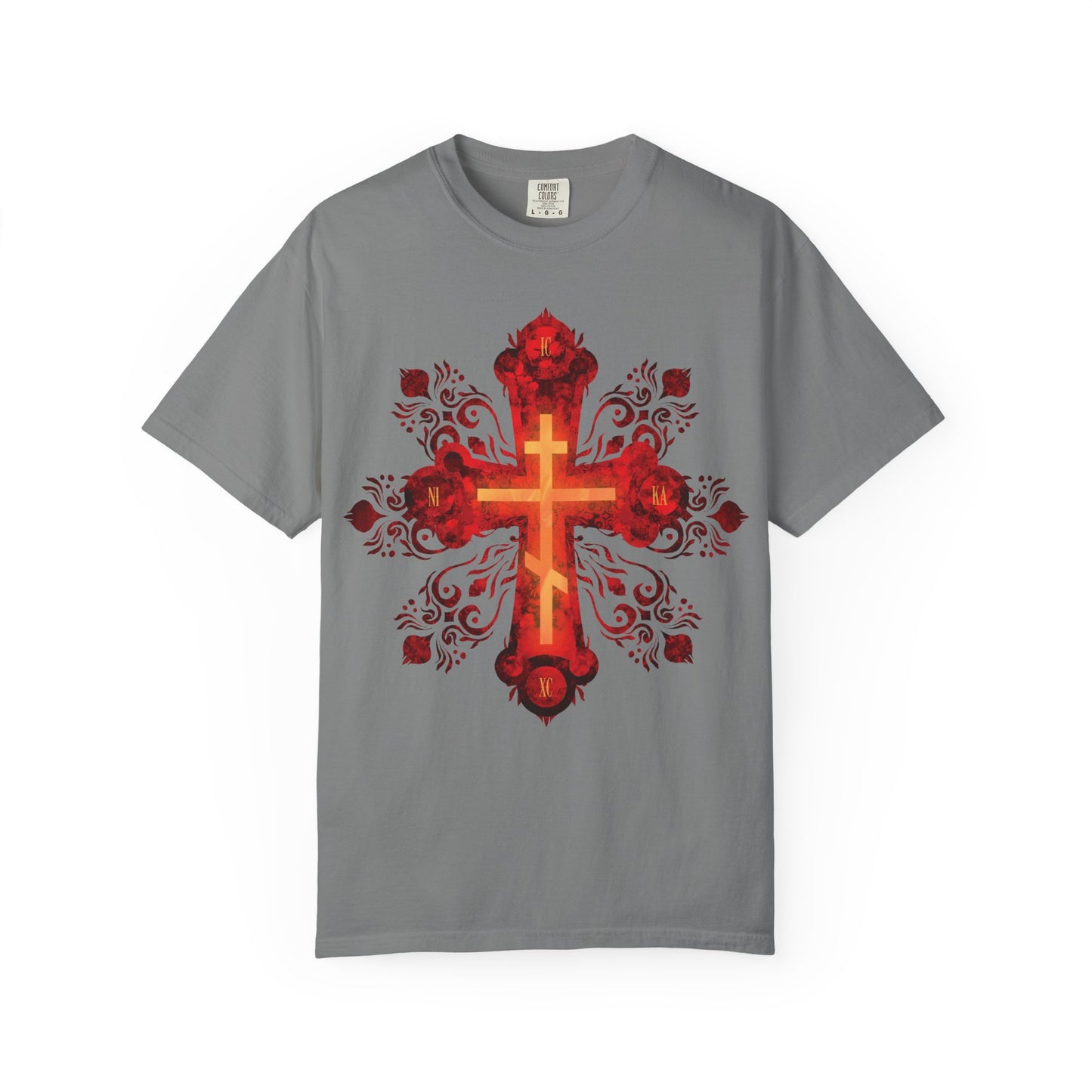 Grey heavyweight cotton unisex tee featuring a red and gold ornate Russian style precious and life-giving Orthodox cross design with the words “He was pierced for our transgressions,” inspired by the spirit of Christian devotion to the heavenly homeland.