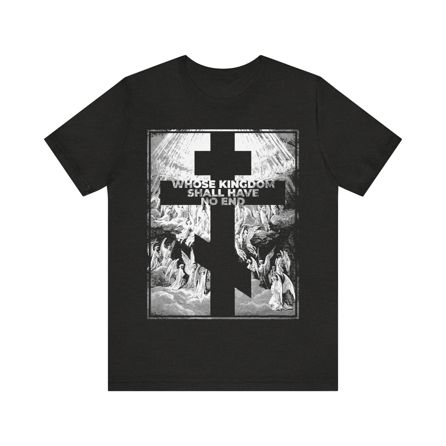Black Heather "Whose Kingdom Shall Have No End" Orthodox T-shirt features a double cross, angel art, and Nicene Creed text inspired by Gustave Dore—boldly expressing the core faith message of Revelation and the Symbol of Faith.