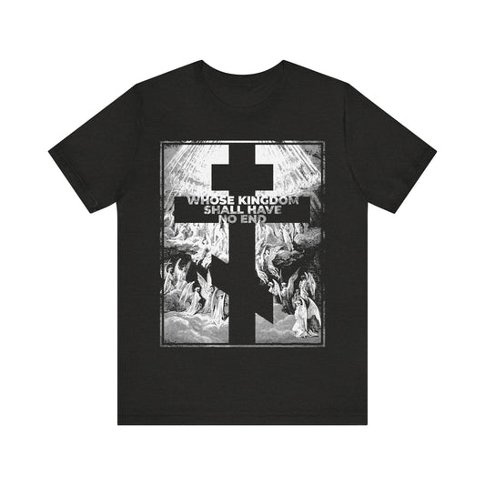 Black Heather "Whose Kingdom Shall Have No End" Orthodox T-shirt features a double cross, angel art, and Nicene Creed text inspired by Gustave Dore—boldly expressing the core faith message of Revelation and the Symbol of Faith.