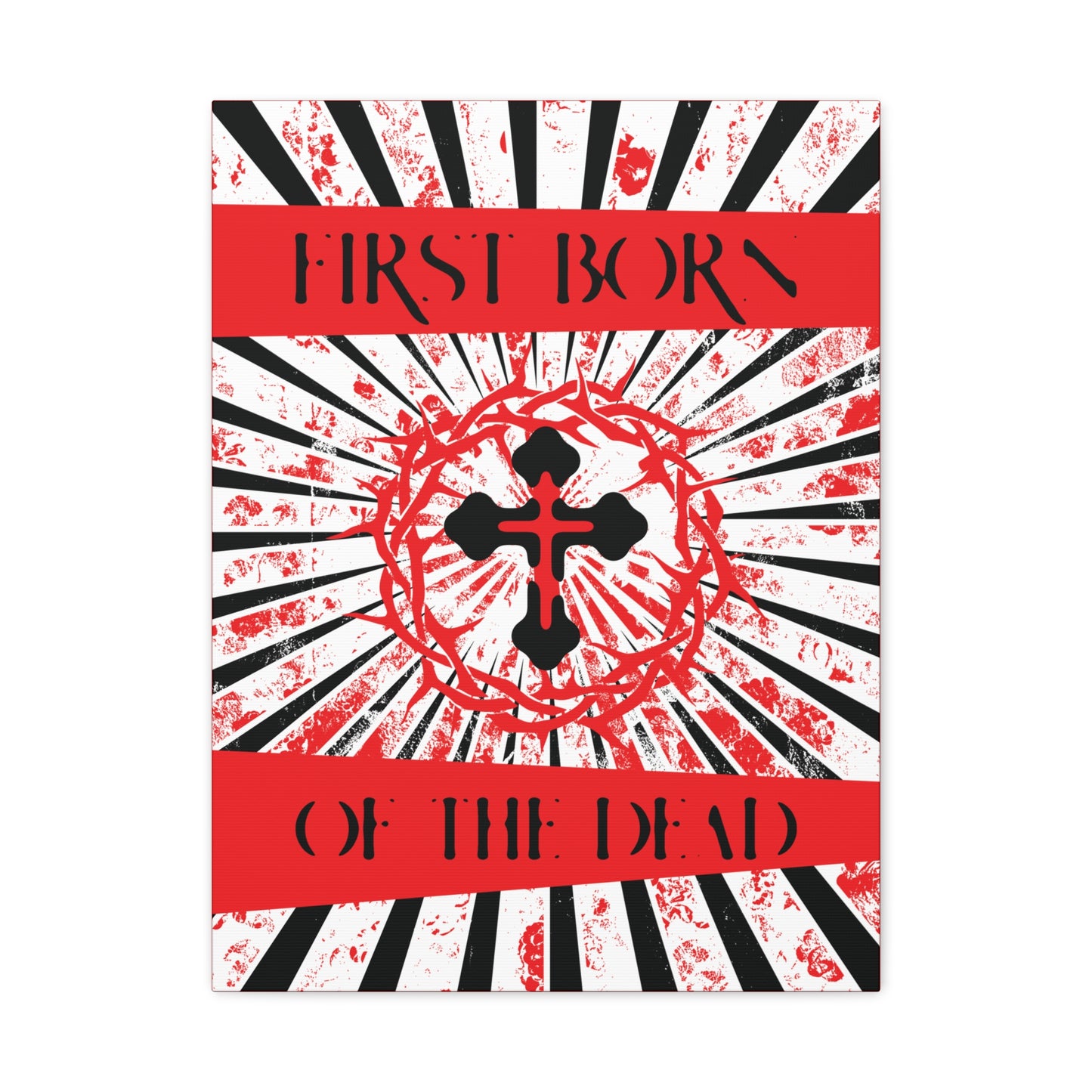 First Born of the Dead | Orthodox Cross and Crown of Thorns | Red White and Black Textured Design with Rays | Orthodox Christian Canvas Art