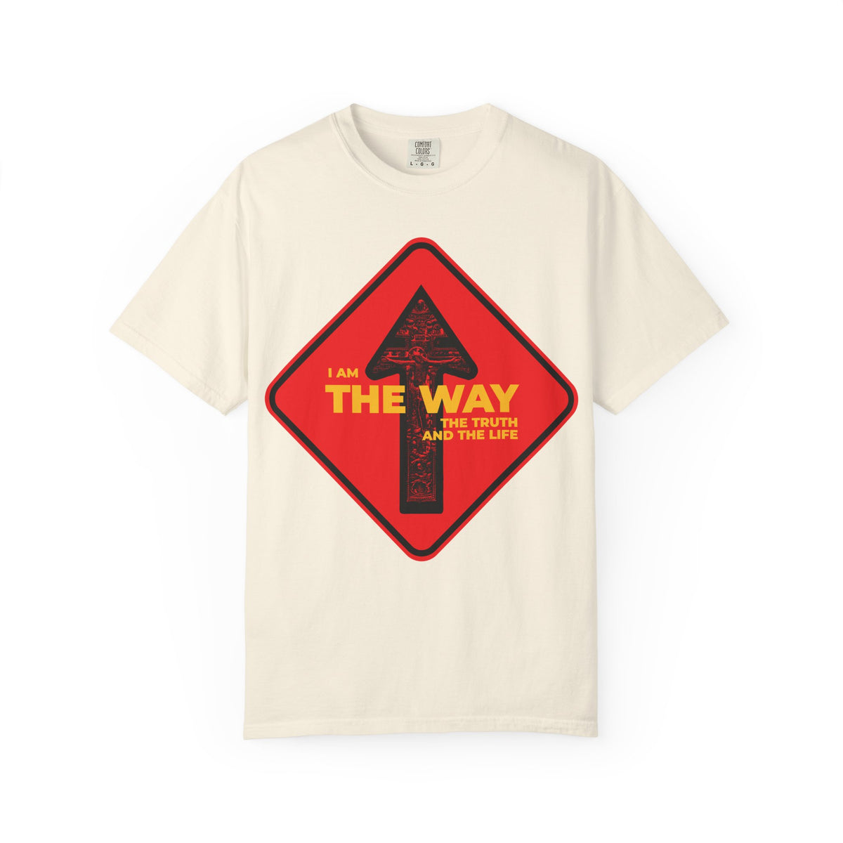 Ivory heavyweight cotton unisex tee featuring a red street sign one way arrow crucifix design and “Am the Way, the Truth and the Life” text in yellow, inspired by John 14:6.