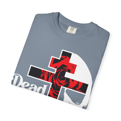 Folded gray "Dead to this World" tee features a flower cross, skull, and red rose design with 70s Gothic typography—Christian bestseller on heavyweight cotton.