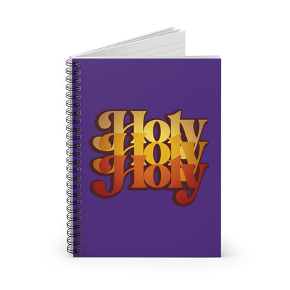 Holy Holy Holy Trisagion Liturgical Prayer 70s Style spiral notebook features "Holy Holy Holy" in retro orange and yellow on a purple cover, inspired by Isaiah 6 and Orthodox Christian tradition.