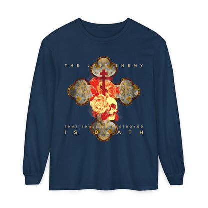 Remembrance of Death long-sleeve shirt, "The Final Enemy That Shall Be Destroyed Is Death (1 Cor 15:26)", features a metallic gothic cross, skull, and roses in red and yellow, inspired by the resurrection message of 1 Corinthians 15.