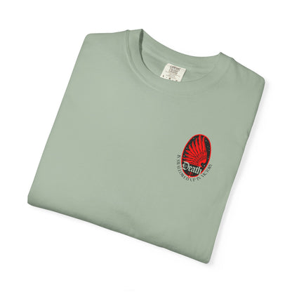 Sage green Death is Swallowed Up In Victory t-shirt with a red eagle wing graphic and the text: Death is swallowed up.