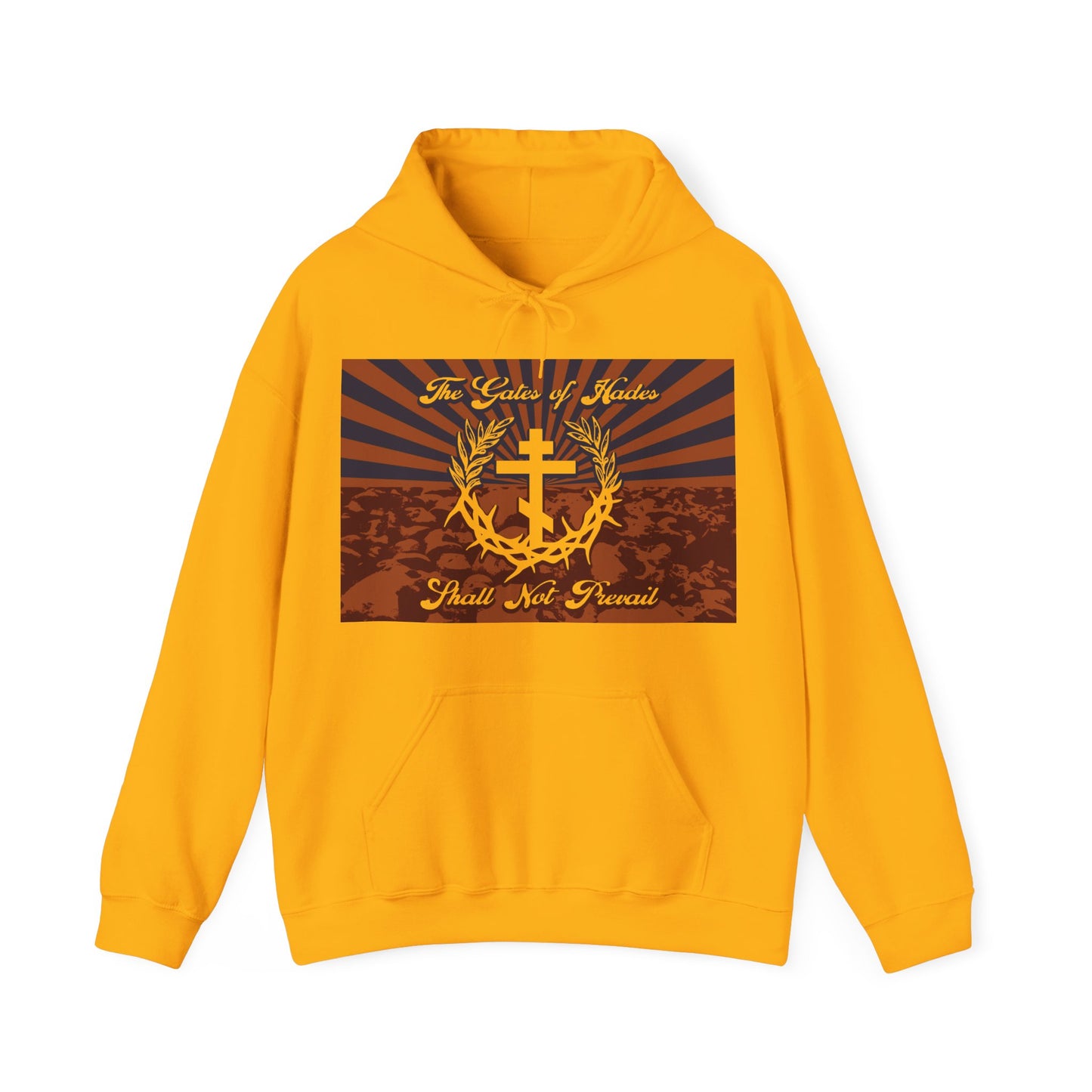 The Gates of Hades Shall Not Prevail | Cross with Wreath & Crown of Thorns | Skulls and Rays | Orthodox Christian Hoodie