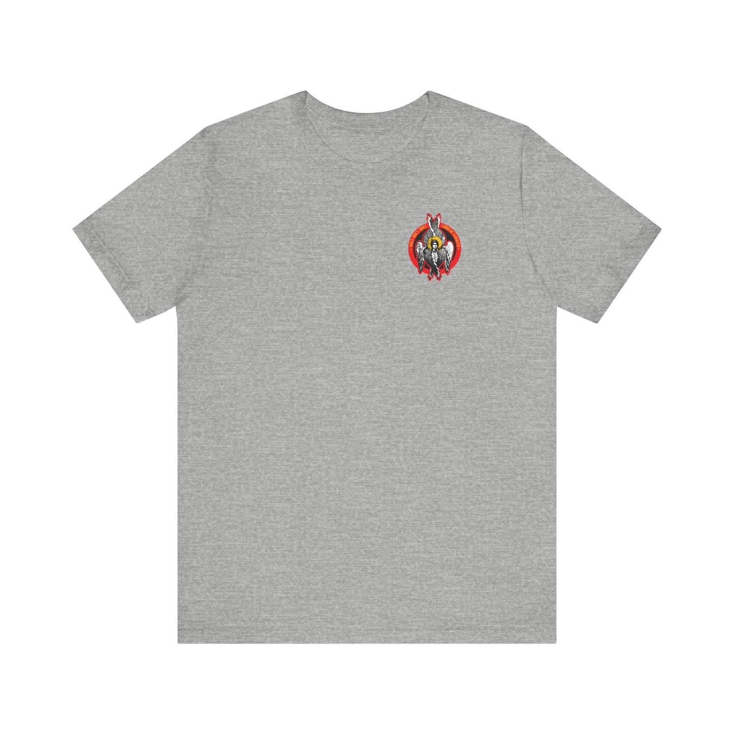 Athletic Heather t-shirt featuring a small, colorful icono-graphic of seraphim angels on the left chest. Lightweight cotton unisex tee from the Holy Holy Holy Seraphim Angel Icono-Graphic collection.