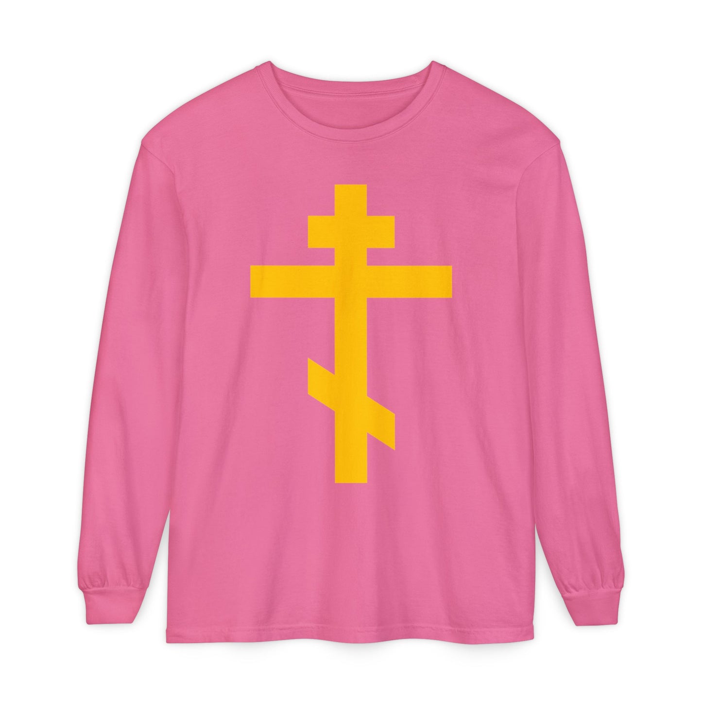 Crunchberry long-sleeve cotton shirt featuring a large yellow Orthodox cross—Precious and Life-Giving Weapon of Unseen Warfare, Scourge of Demons. Inspired by Galatians 2:20: "crucified with Christ.
