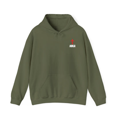 Military Green "NIKA Orthodox Cross (Small Design)" hoodie featuring a front pocket and small red and white Christogram logo inspired by Orthodox iconography; NIKE logo mashup for Christian activewear style.