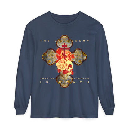 Remembrance of Death “The Final Enemy That Shall Be Destroyed Is Death (1 Cor 15:26)” long sleeve features a metallic gothic cross with a rose and skull graphic, styled with blue fabric and Orthodox Christian inspiration.
