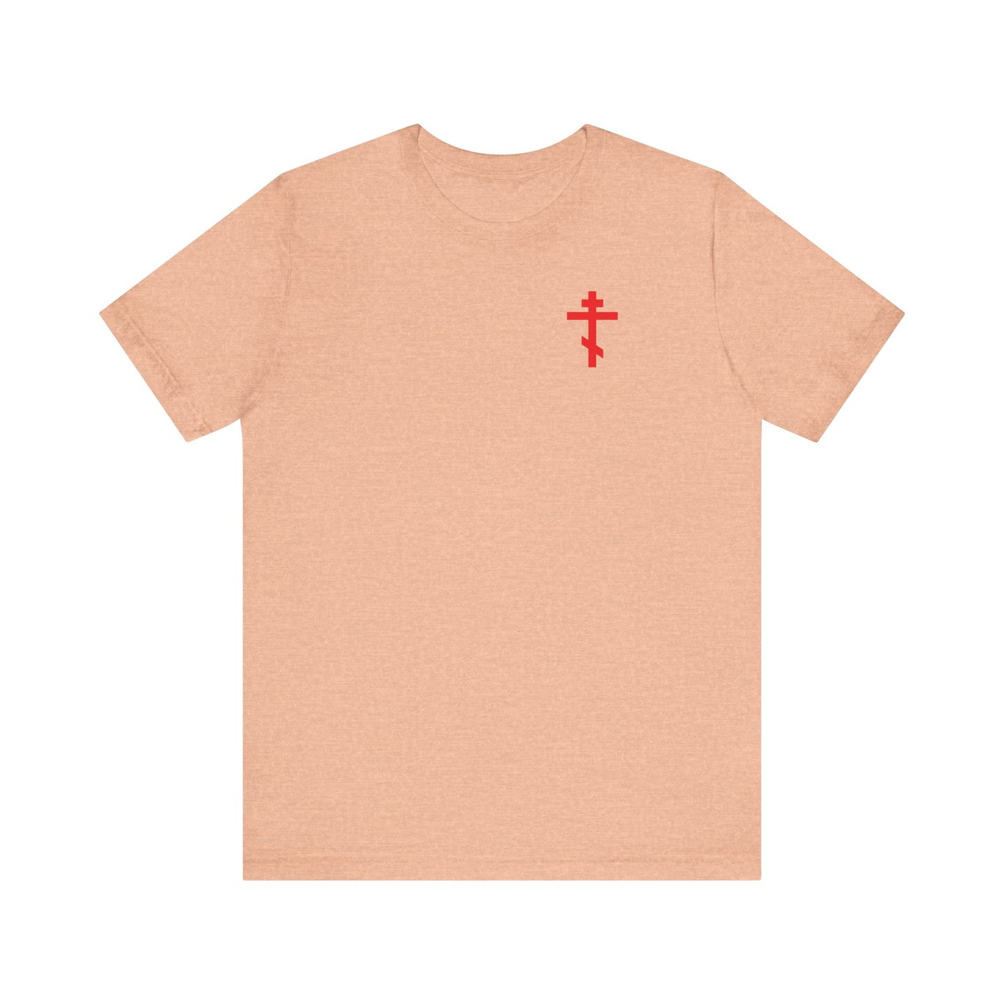 Heather peach unisex tee with a red cross on the front left chest, lightweight cotton. Inspired by St. John Climacus's "remembrance of death" teachings, features Crown of Thorns design on the back.