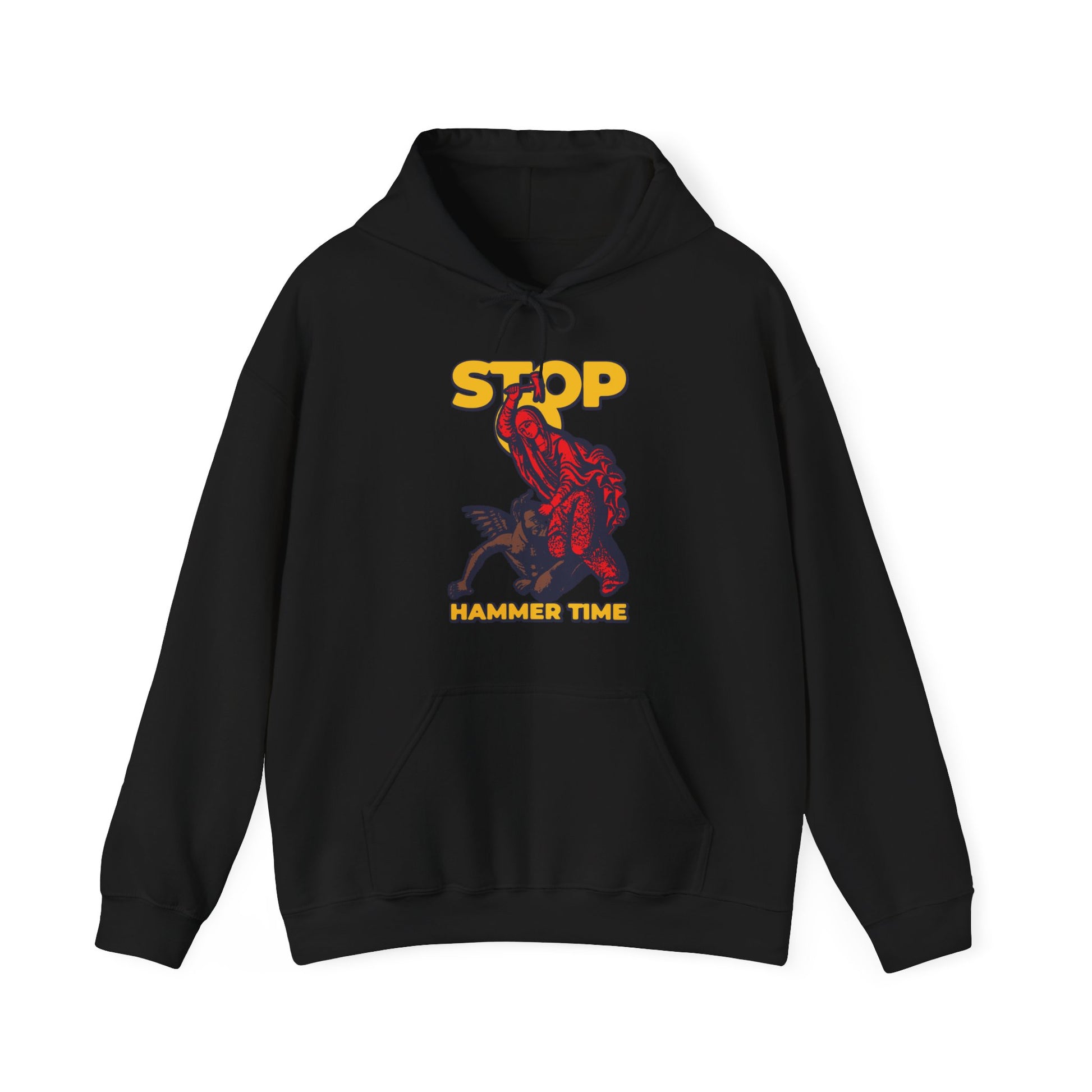 Black hoodie featuring "STOP HAMMER TIME" and artwork of St Marina of Antioch beating the devil with a hammer. Modern Orthodox meme in red, blue, and yellow. Christian-themed design inspired by legendary saints.