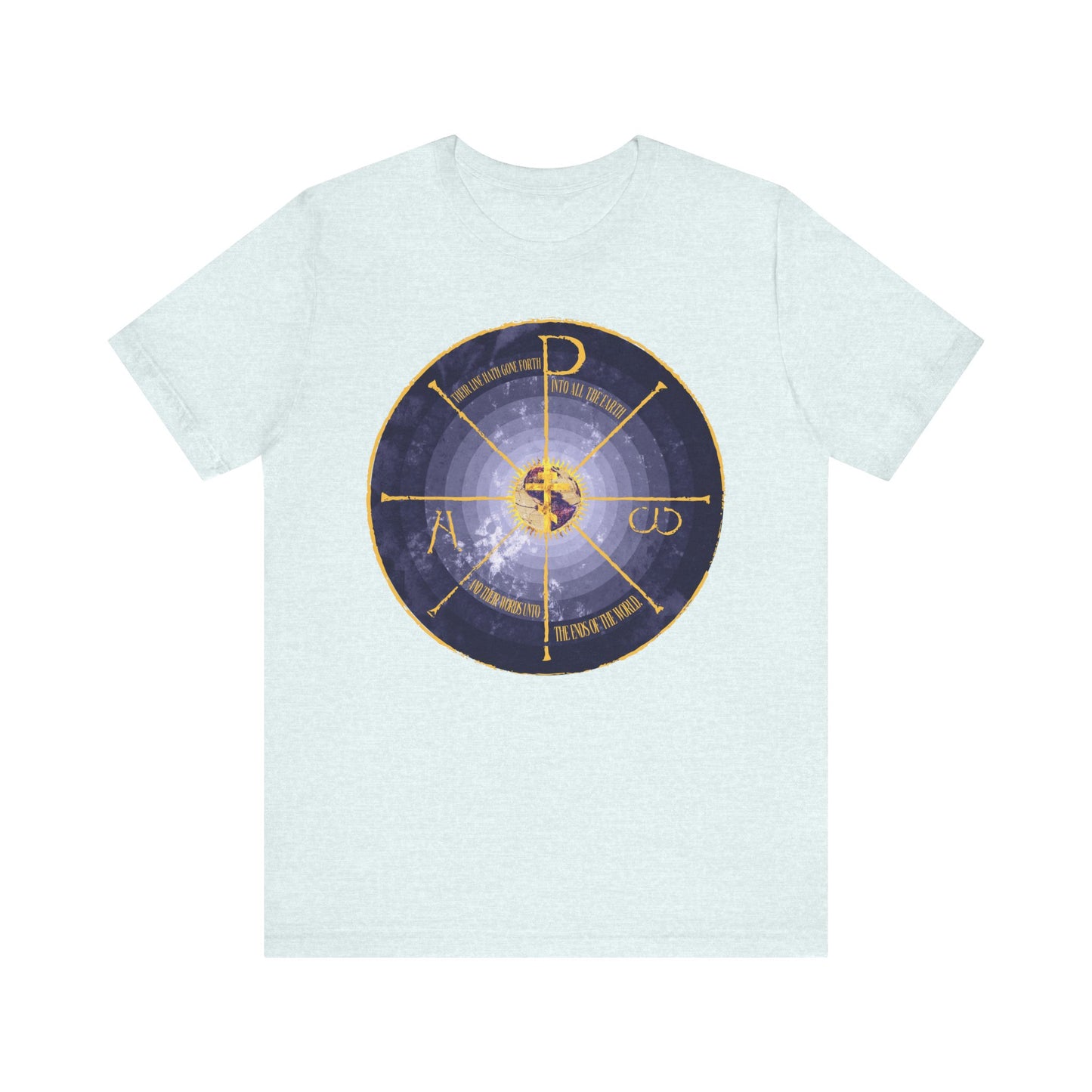 Heather ice blue unisex tee with a medieval-style blue and yellow graphic featuring a geocentric cross, Chi Rho Christogram, Greek Alpha & Omega, in lightweight cotton.