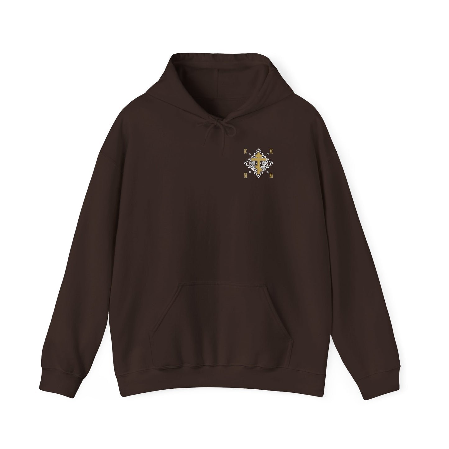 Dark chocolate hoodie featuring a small gold Orthodox Cross ICXC NIKA design with a white medieval ornate floral pattern on the upper left chest, referencing “Jesus Christ Conquers,” displayed on a white background.