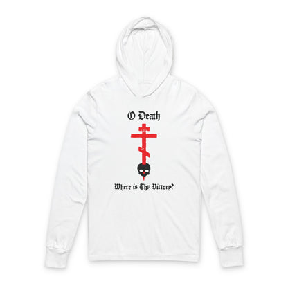 O Death Where is Thy Victory? 1 Cor 15:55 | Cross Stabbing Skull | Spraypaint Aesthetic | Orthodox Christian Long Sleeve Hooded Shirt