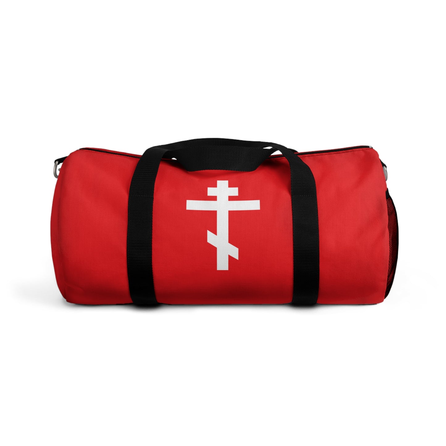 Red gym duffel bag with black handles, adorned with a white Orthodox cross on a red background and the Galatians 6:14 quote: "May I never boast, except in the cross of our Lord Jesus Christ." Orthodox Christian design.
