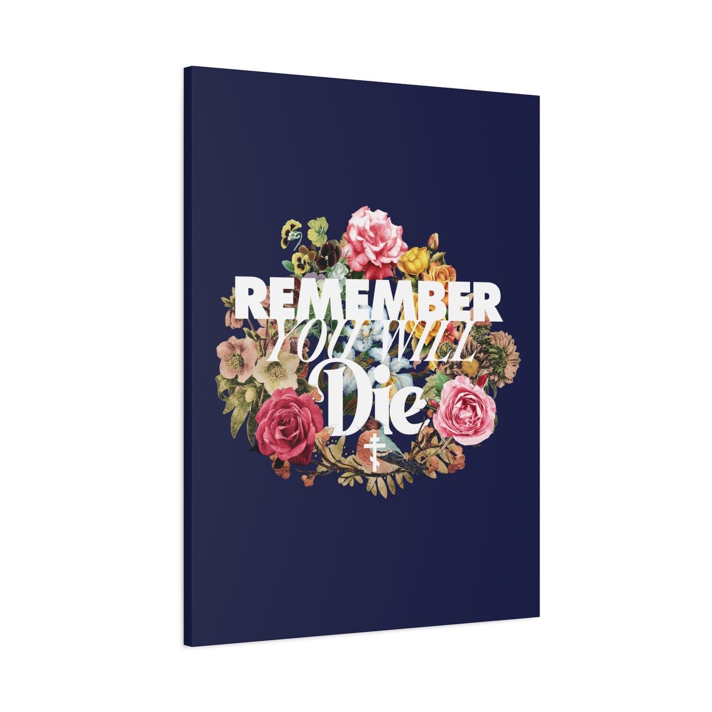 The phrase "Remember You Will Die" appears in classic typography with a cross and floral wreath on a dark blue background, inspired by Orthodox Christian memento mori art, as featured on this canvas wall art.