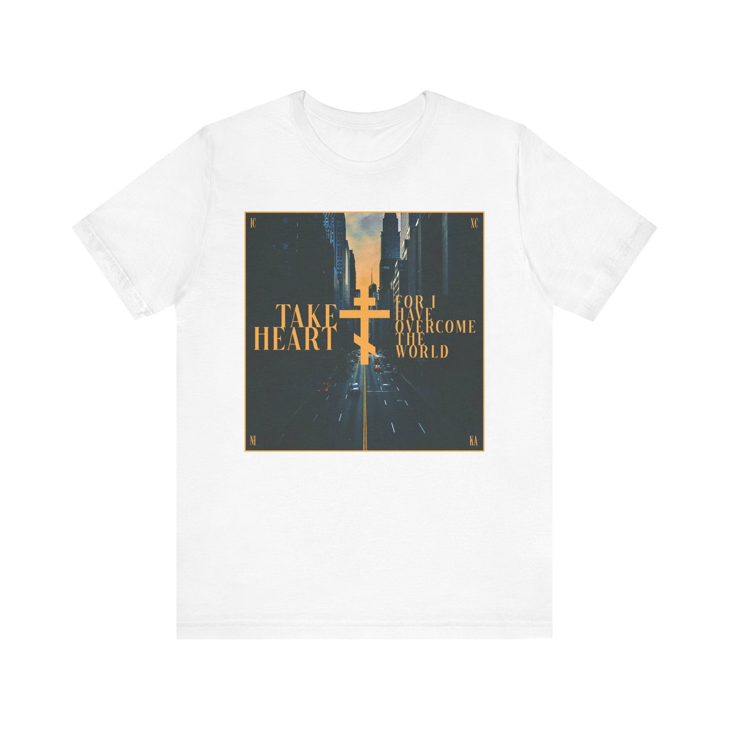 Take Heart, For I Have Overcome the World (John 16:33) | Redemptive Modern City Street Scene Design | Lightweight Cotton Unisex Tee