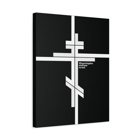 Whose Kingdom Shall Have No End | Luke 1:32-33" – a modernist minimalist Christian canvas art featuring a white Orthodox cross and text, reflecting the eternal nature of Christ’s kingdom.