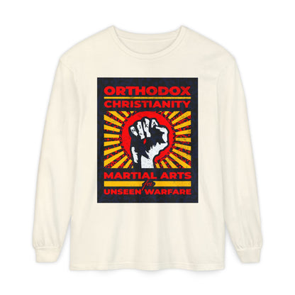 Orthodox Christianity: Martial Arts for Unseen Warfare | NIKA Jesus Fist on Colorful Sunburst Design | Orthodox Christian Long Sleeve Shirt