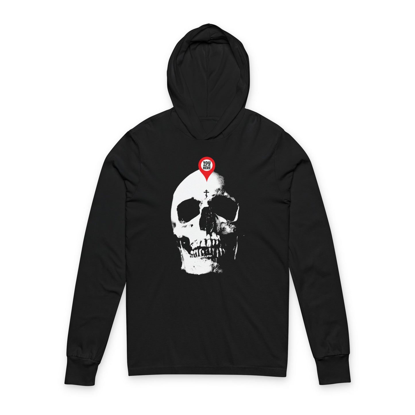 The black "You Will Be Here Maps Marker on Skull" hoodie features a white and black skull graphic with a bold red location marker above it, inspired by memento mori and orthodox themes.