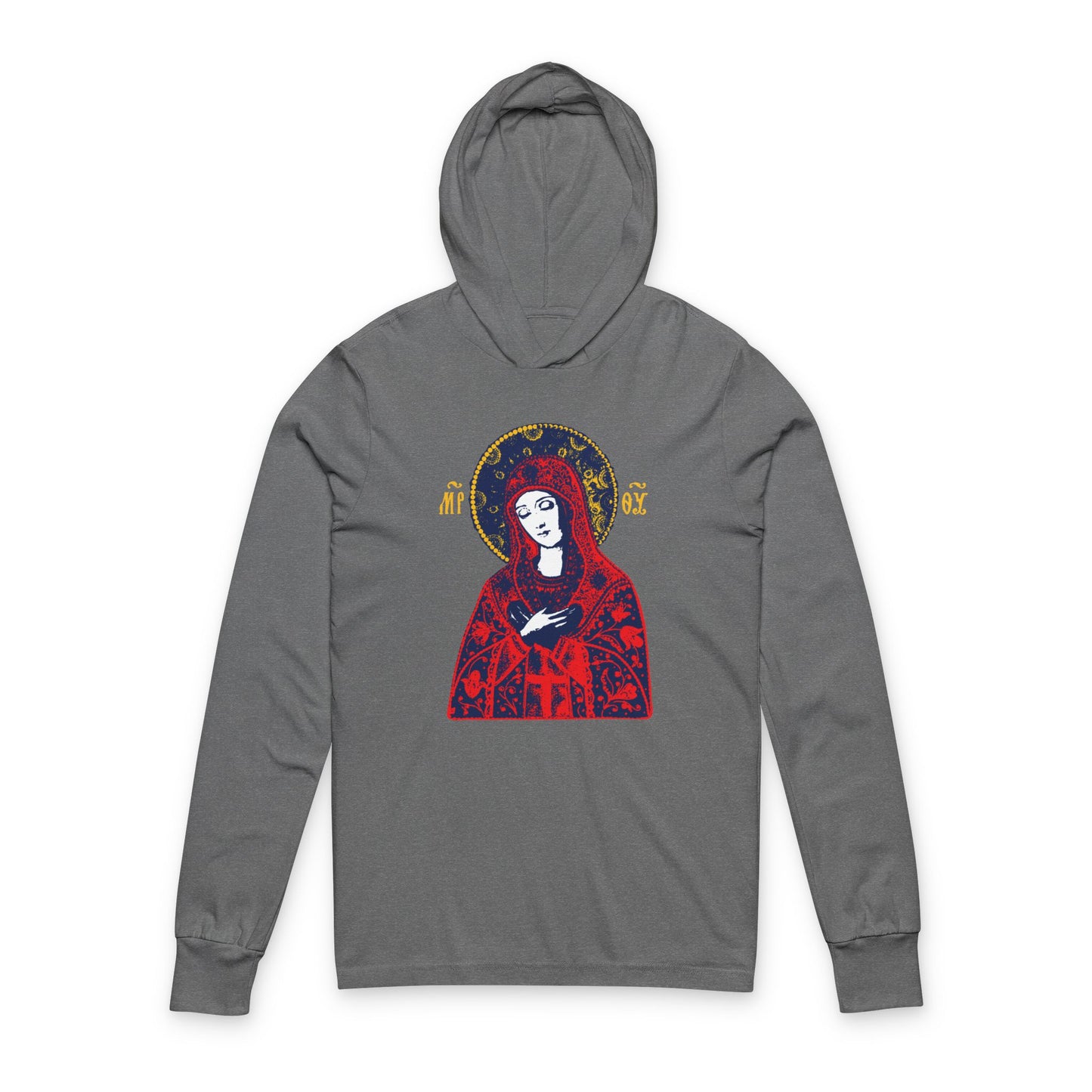 Joy of All Joys Tenderness Theotokos Iconographic Based on Traditional Orthodox Iconography | Red Design | Orthodox Long Sleeve Hooded Shirt