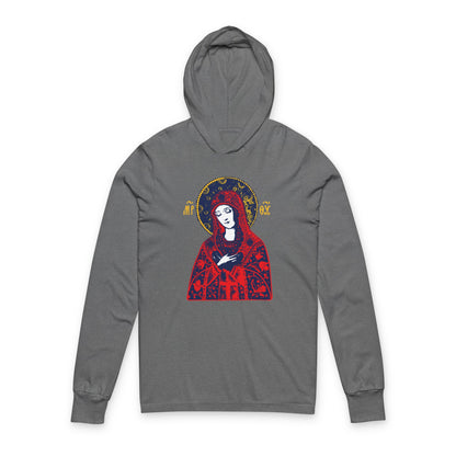 Joy of All Joys Tenderness Theotokos Iconographic Based on Traditional Orthodox Iconography | Red Design | Orthodox Long Sleeve Hooded Shirt