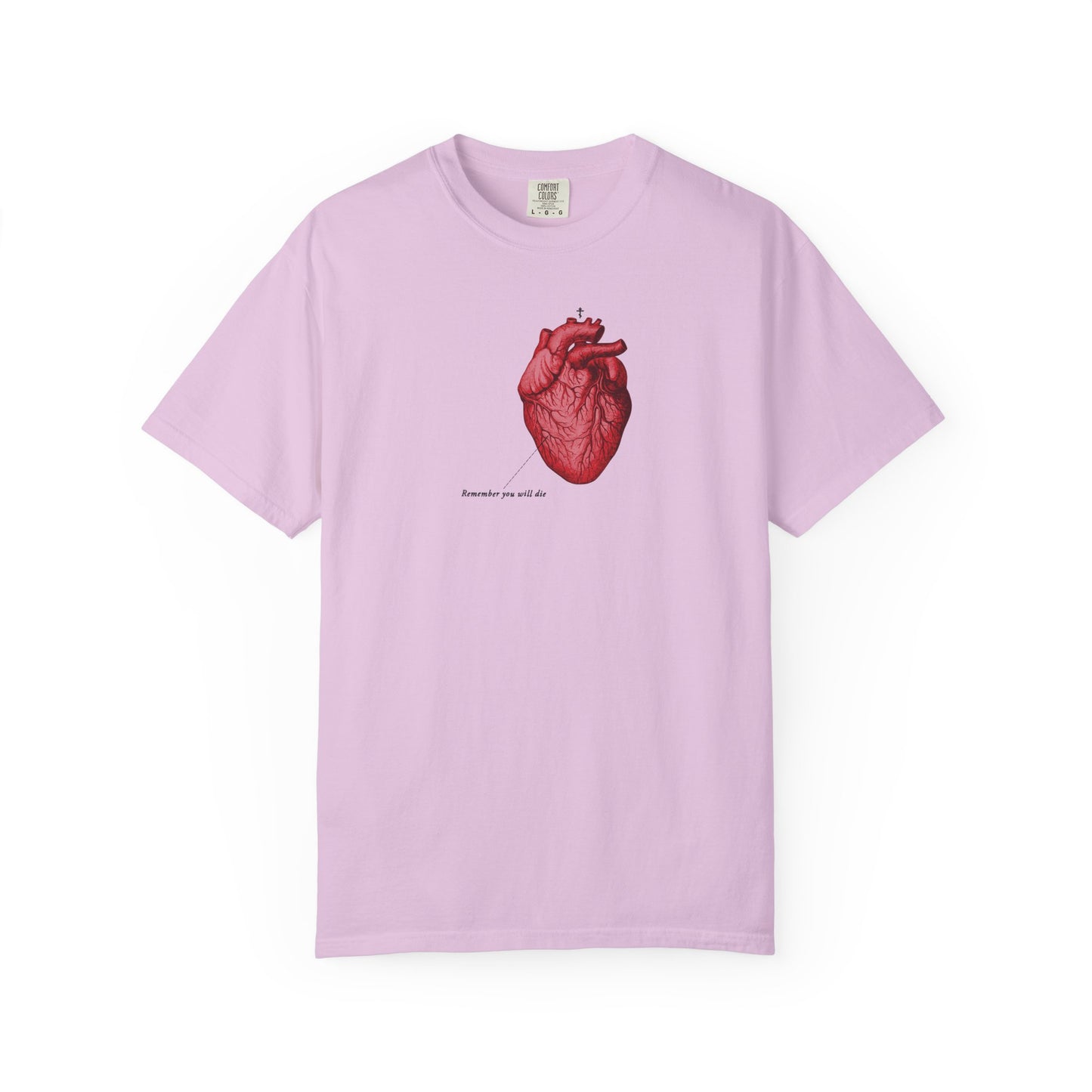 Orchid t-shirt featuring a retro medical textbook heart and "Remember You Will Die," inspired by memento mori themes, printed on heavyweight cotton. Unisex fit.