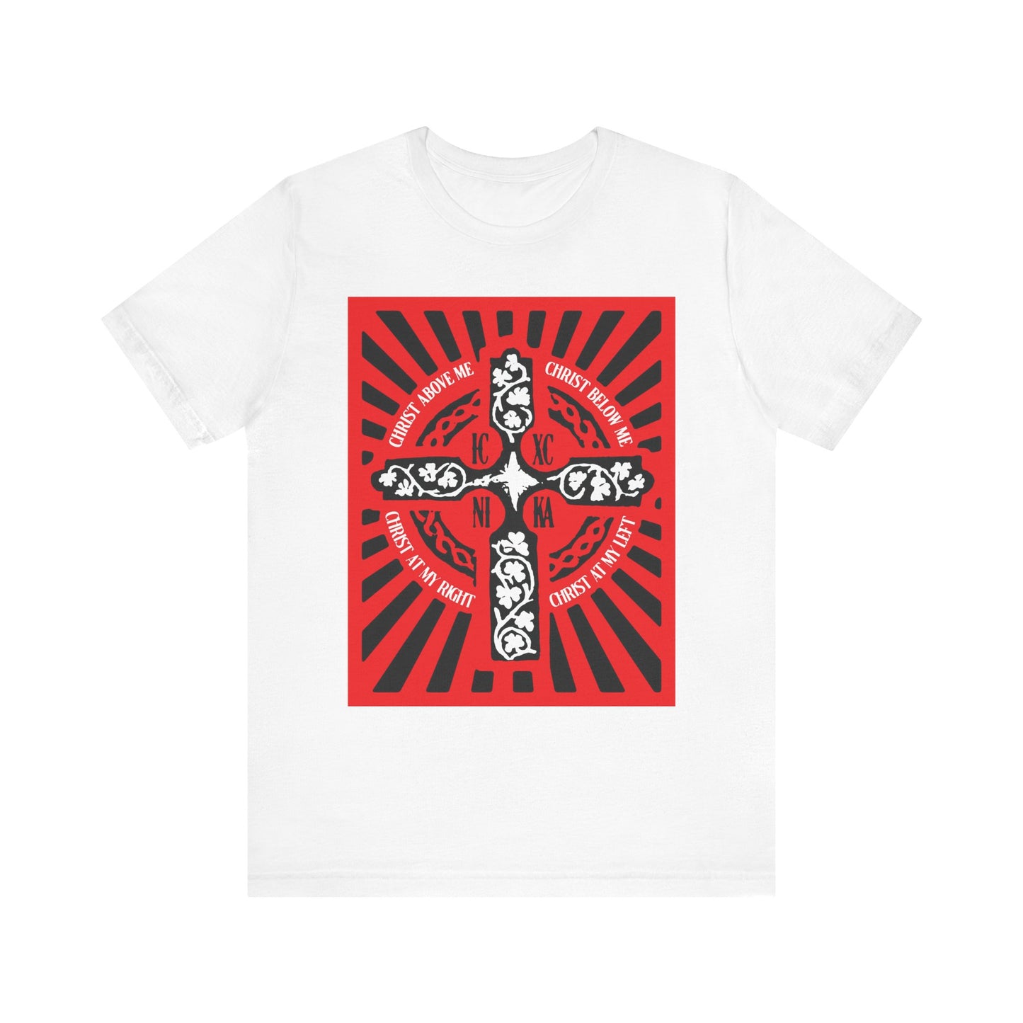 White "Red ICXC NIKA Enniskillen Celtic Cross" unisex cotton tee featuring a red and black Celtic cross with floral detailing and religious text from the Lorica of St. Patrick (Shield Prayer), all set against a radiating background.