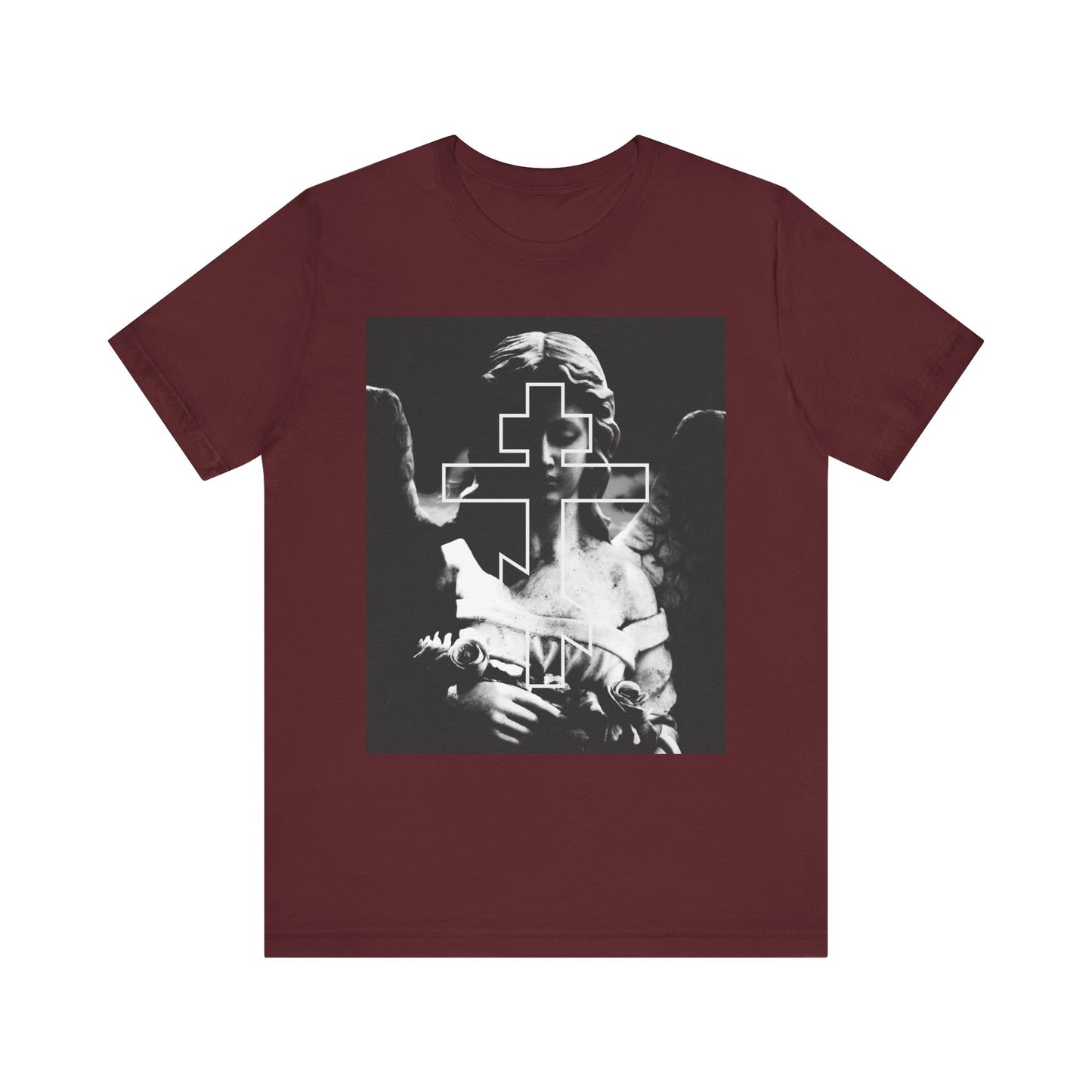 Maroon Cemetery Angel Orthodox Cross tee featuring a grayscale gothic angel and white double-bar cross, inspired by Memento Mori and "Remember You Will Die." Lightweight cotton unisex design.