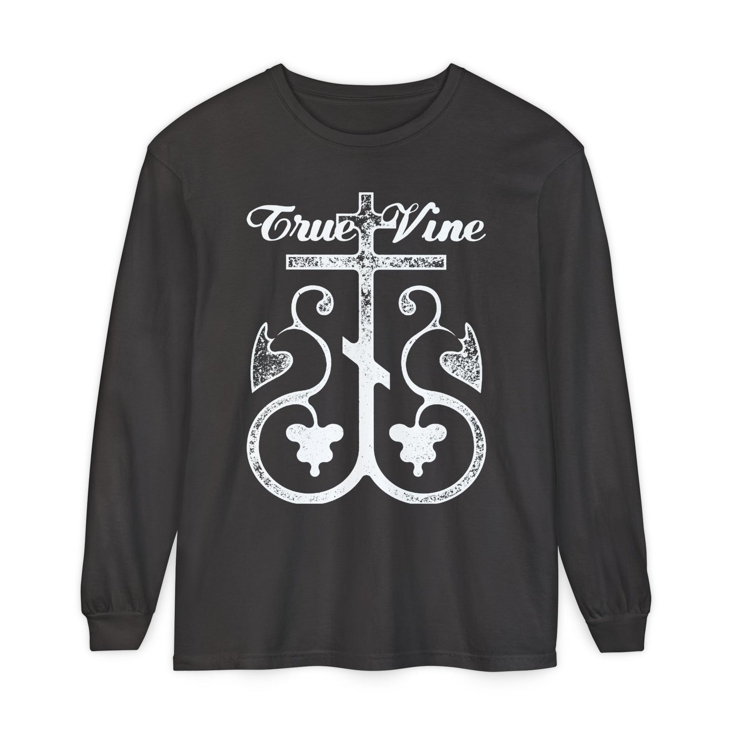 I Am the True Vine (John 15, Ezekiel 15) | Orthodox Cross with Grape Vine | Photocopy Effect | Orthodox Long Sleeve Cotton Shirt