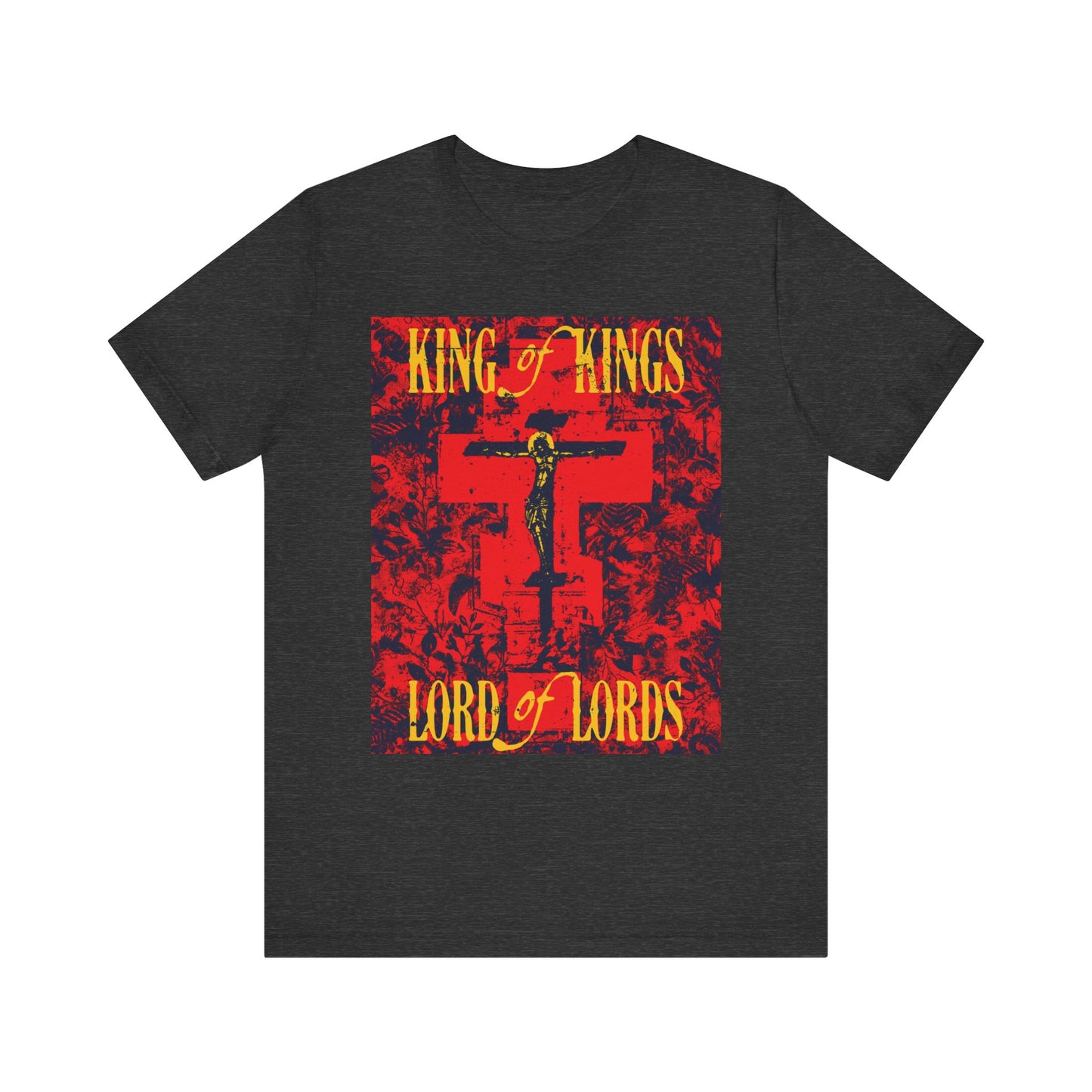 Dark Grey Heather T-shirt featuring a bold yellow and red Orthodox icono-graphic of Christ crucified, accented with natural textures and the text "KING of KINGS LORD of LORDS"—a powerful statement inspired by the Word of God.