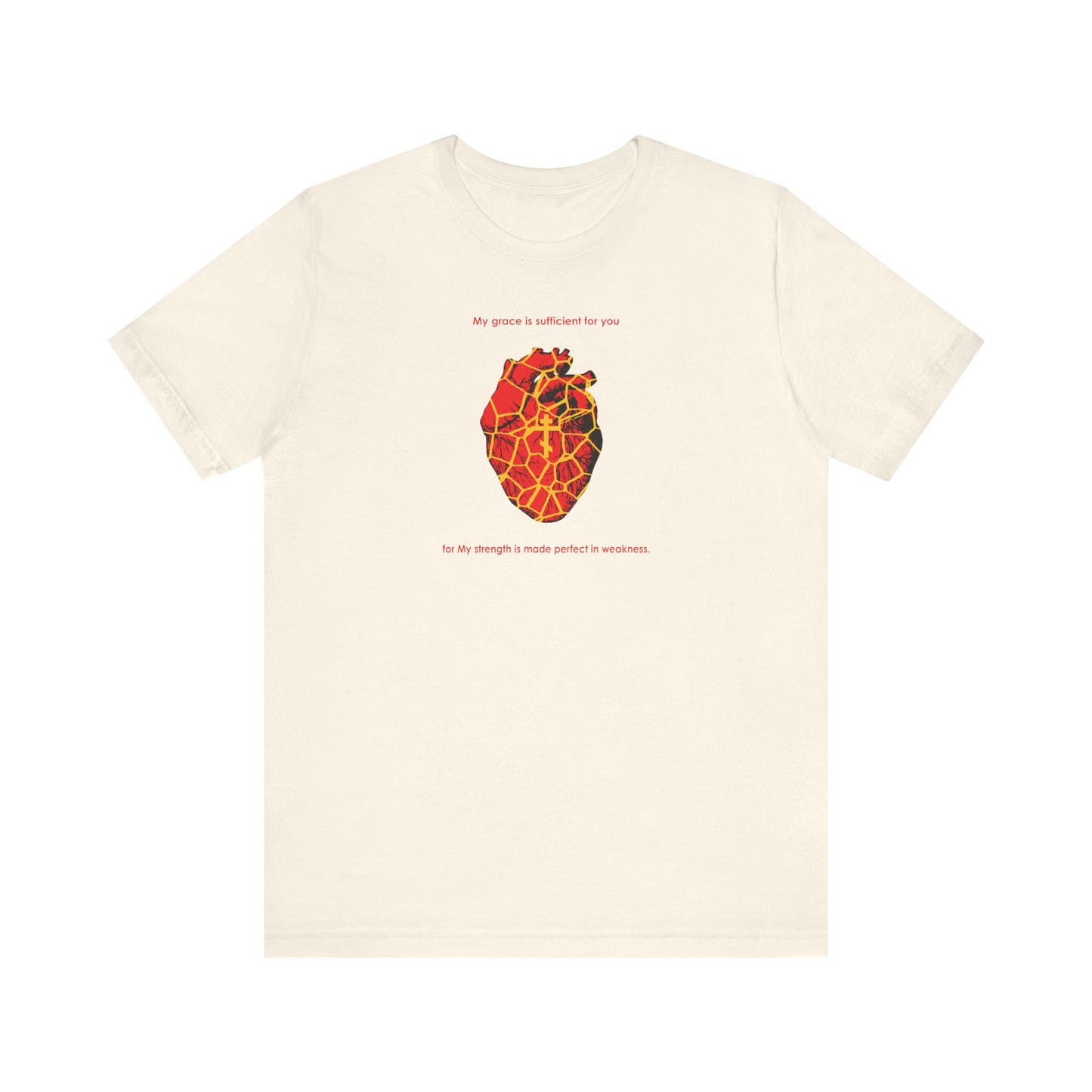 Natural tee featuring a kintsugi-inspired golden broken heart, Orthodox cross, and “My Strength is Made Perfect in Weakness” (2 Cor 12:9)—a symbol of healing and grace. Lightweight unisex cotton shirt.
