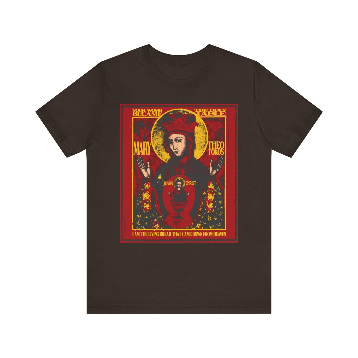 Brown t-shirt featuring the "Mother of God of Nicaea Christ In Chalice" iconographic graphic, depicting the Most Holy Theotokos holding baby Jesus, accented with intricate red and gold details.