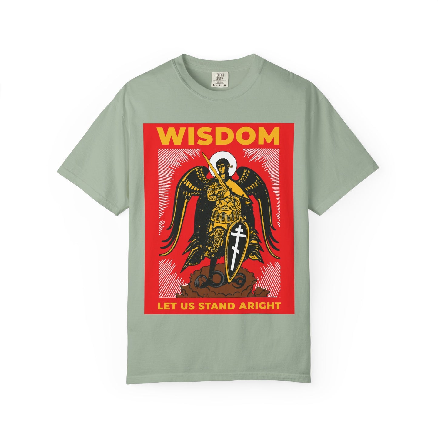 Bay-colored heavyweight cotton tee featuring a Russian illustration of Archangel Michael with shield and sword, red border, and text "WISDOM" and "LET US STAND ARIGHT"—inspired by Revelation 12's war in heaven.