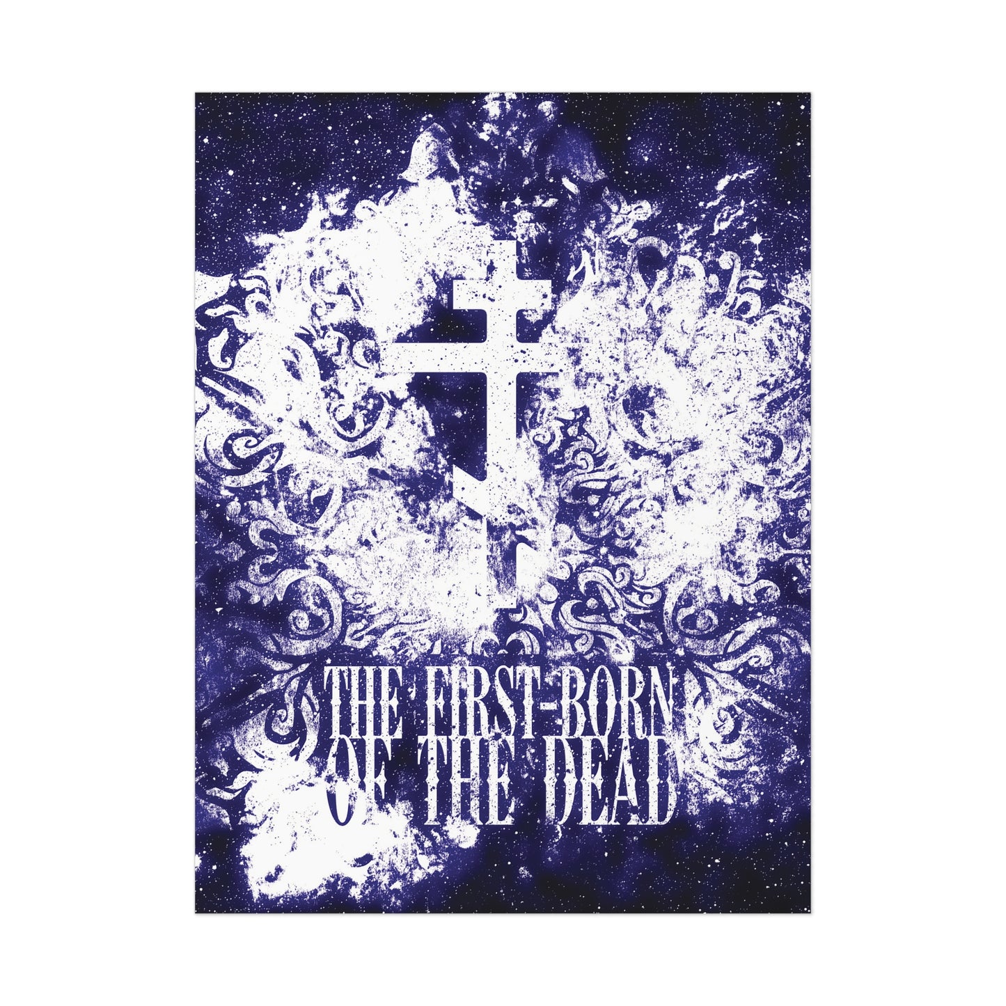 The First-Born of the Dead | Glowing White & Blue Textured Cosmic Orthodox Cross | Resurrection & Apocalypse | Orthodox Art Poster