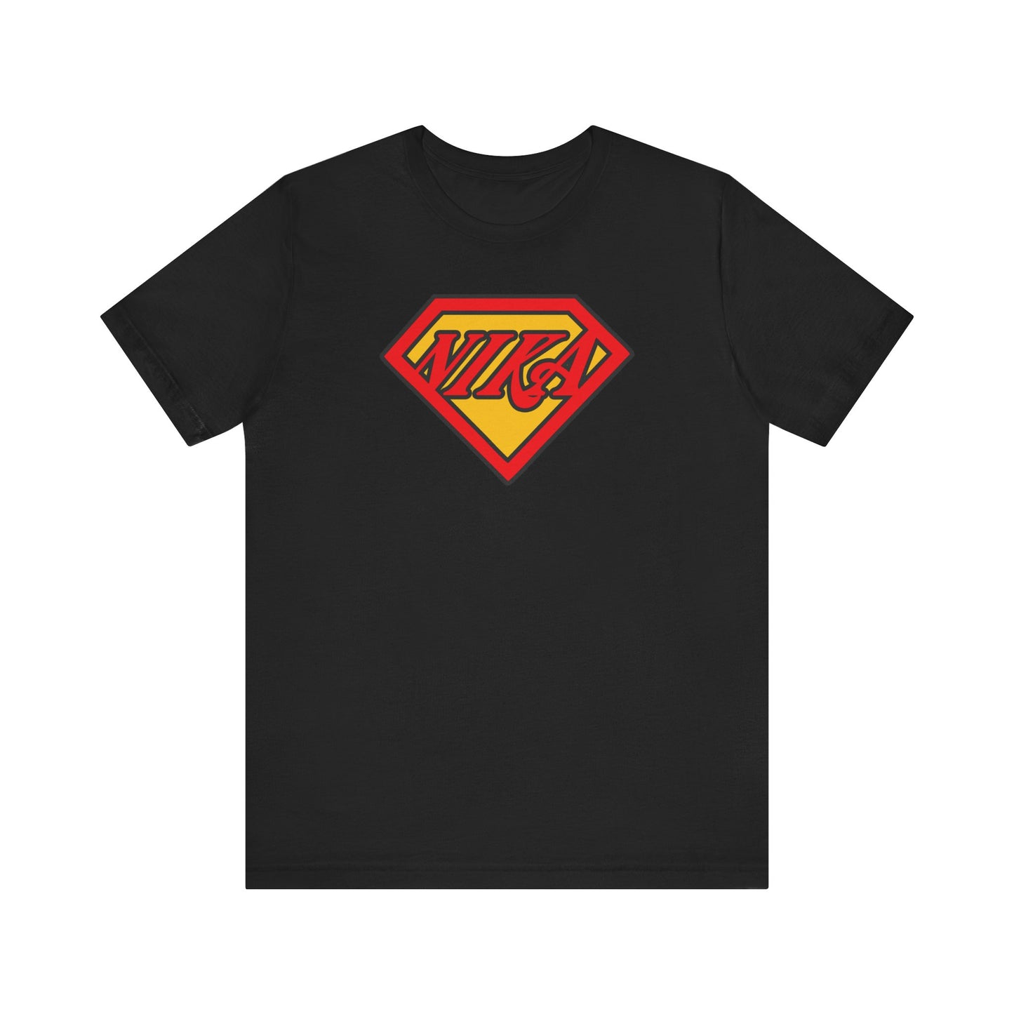 Black NIKA Superm@n Logo tee—this lightweight unisex cotton shirt features a red and yellow crest reminiscent of iconic comic book heroes, with "NIKA" boldly inscribed inside. Inspired by faith and the spirit of St John of Kronstadt, it’s a pop culture/Orthodox Christian mashup reminding you to conquer your passions each day.