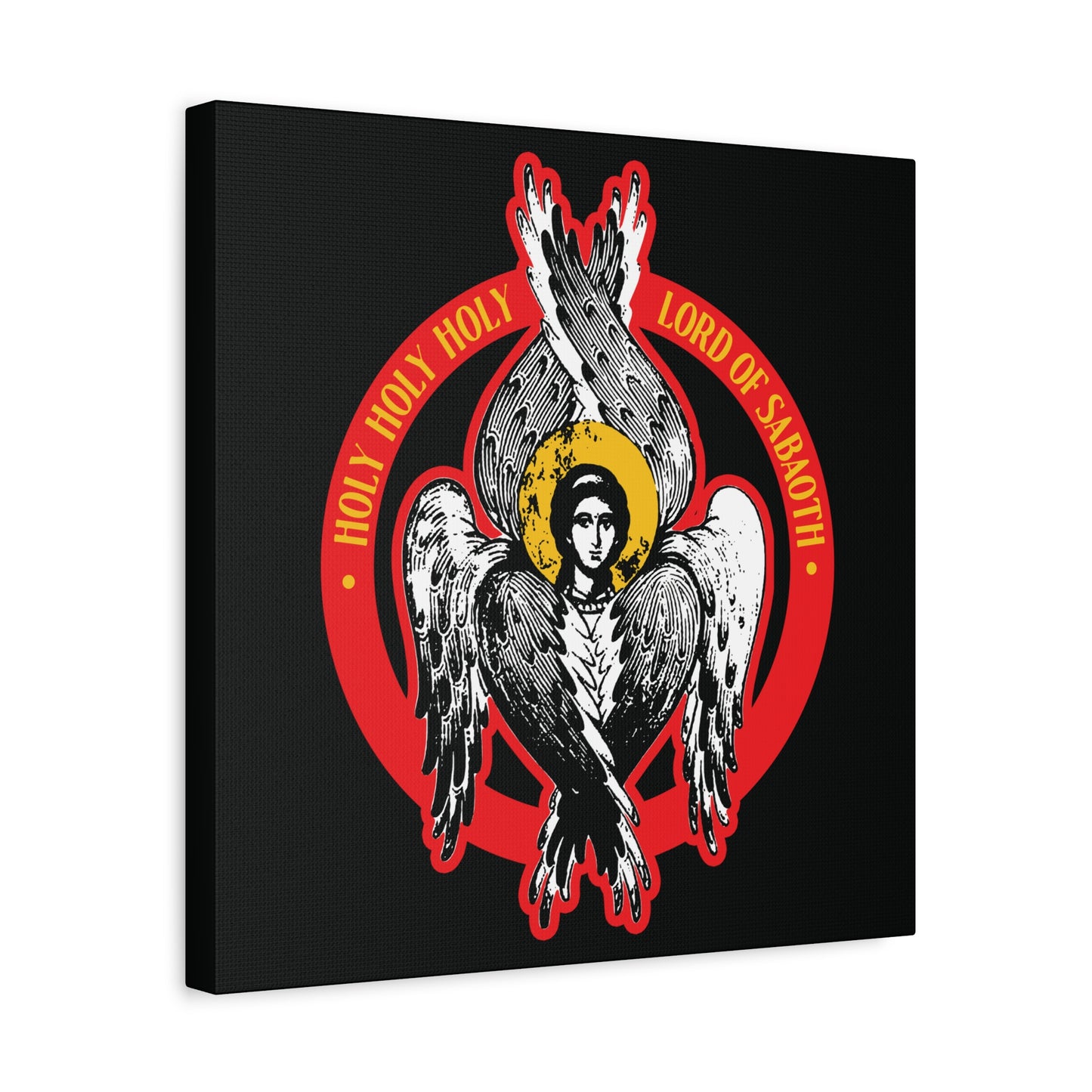 Holy Holy Holy, Lord of Sabaoth | Orthodox Seraphim Angel icon inspired by Isaiah 6—six-winged angel with halo, red circle, “Holy Holy Holy Lord of Hosts” text. Unseen Realm Christian wall art.
